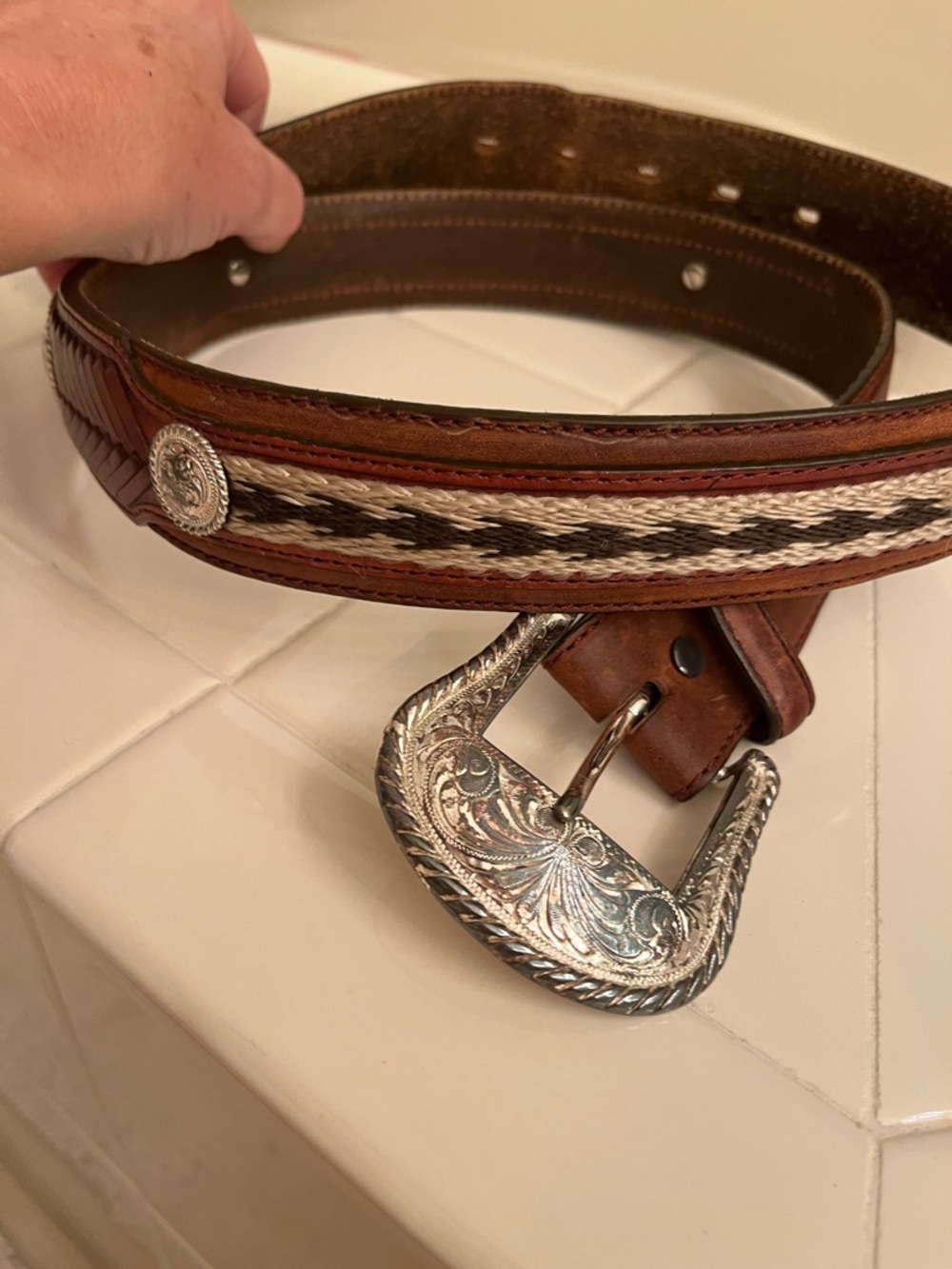 Tony Lama Dark Brown Leather Belt with Silver Hardware